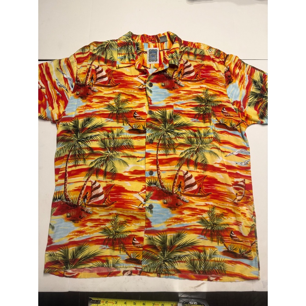 Ocean Current Vintage Mens Large Rayon Aloha Shirt Tropical Palm Tree Sailboat